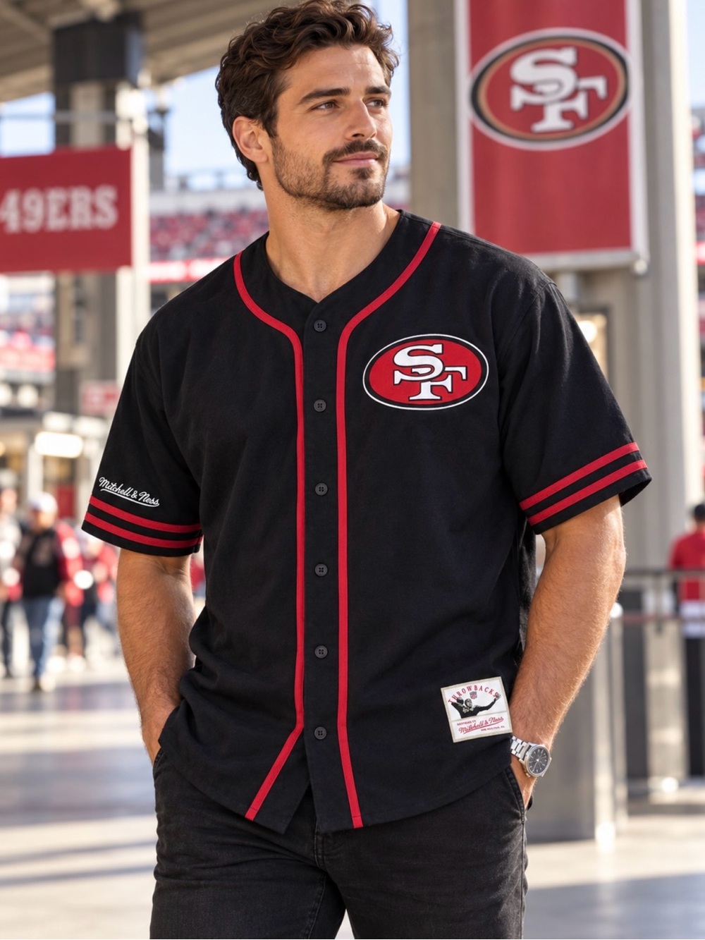 Mitchell & Ness 49ers Button Front Baseball Jersey Black XL
